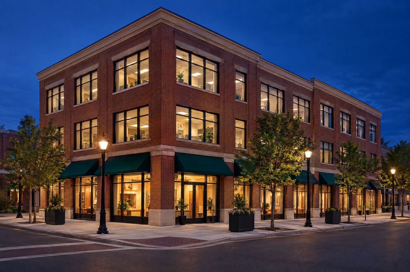 Three-story brick mixed-use building with lit storefronts at dusk