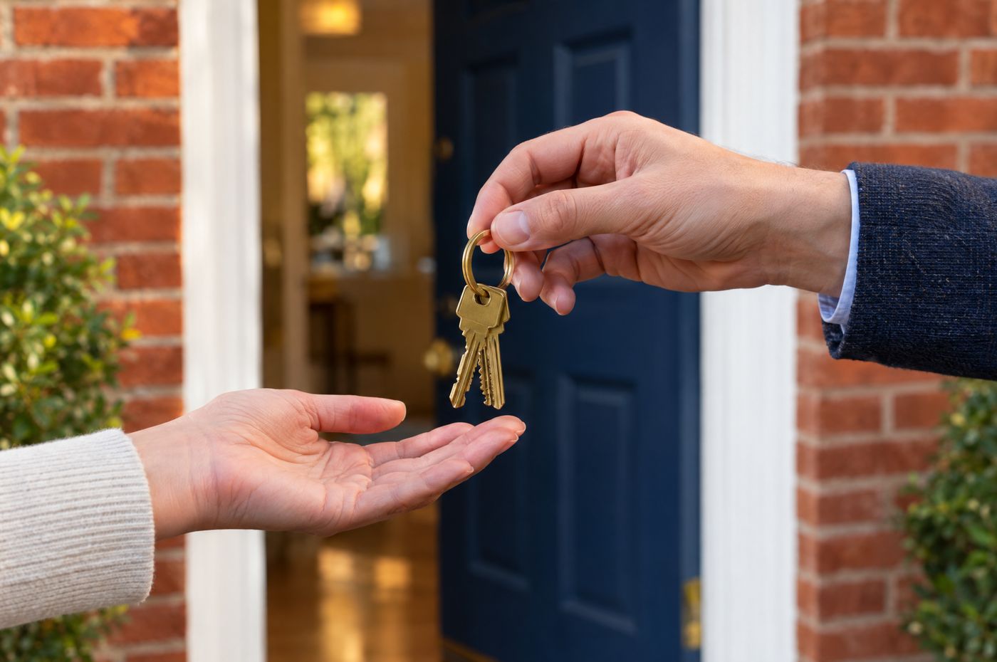 House keys being handed over at a navy front door