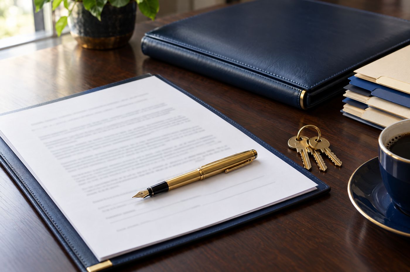 A lease agreement, gold pen, and house keys on a walnut desk