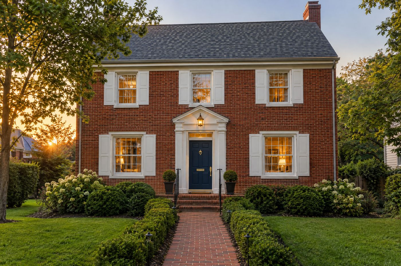 Red-brick colonial home with a navy front door at sunset
